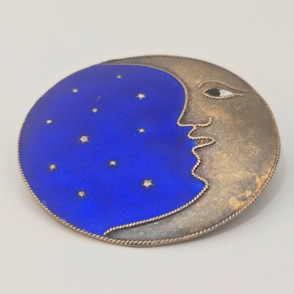 Laurel Burch Gold Over Sterling Silver Enameled Moon And Stars Brooch